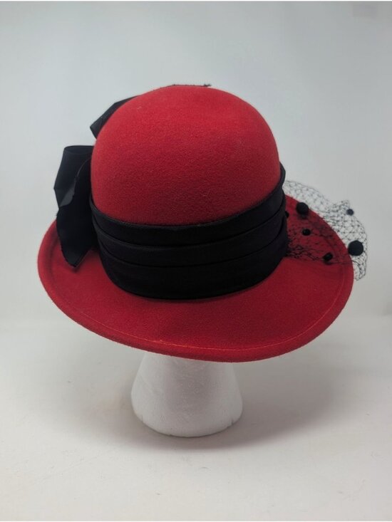Vintage Whittall & Shon Red Felt Hat Black Veil Bow 80s main image 7